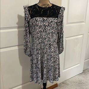 Express Black and White Floral A-Line Dress with Long Sleeves